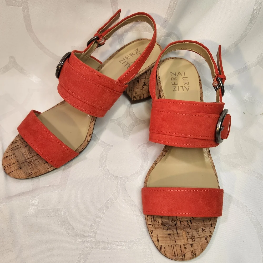 Naturalizer Kaylee Strappy Suede Sandal Buckle Detail Cork Covered Heel Size 9